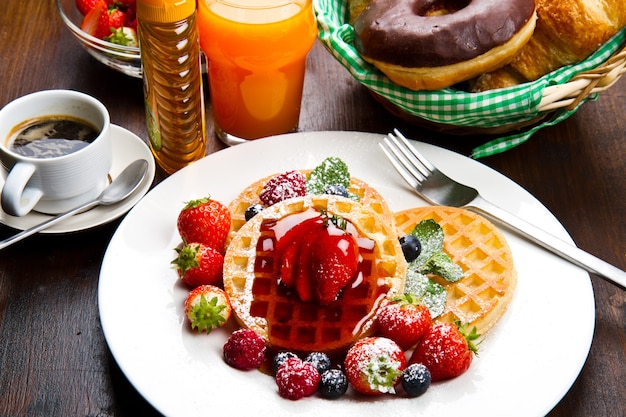 Homemade waffles with fruit