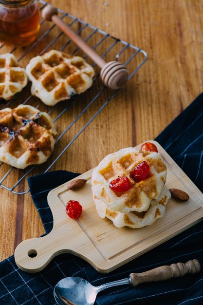 Homemade waffles on wooden table 