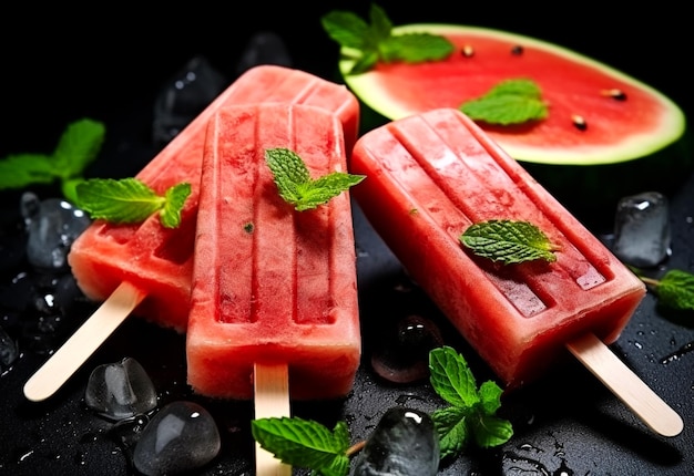 Homemade watermelon popsicles with ice on table popsicles from frozen watermelon summer concept