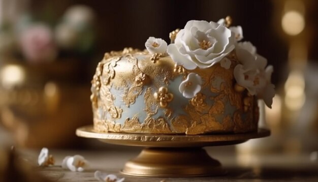 사진 ai가 생성한 초콜릿 아이싱과 꽃 장식이 있는 홈메이드 웨딩 케이크