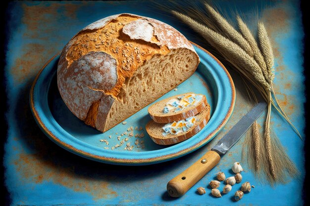 青いテーブルに自家製小麦パン