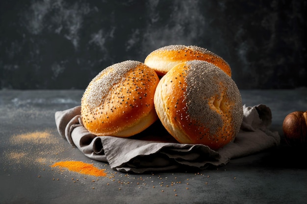 Homemade wheat bread rolls in sesame and poppy seeds on gray background