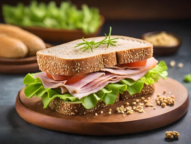 Домашний бутерброд с пшеничным хлебом с салатами и ветчиной