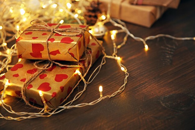 Homemade wrapped Christmas gifts on a table