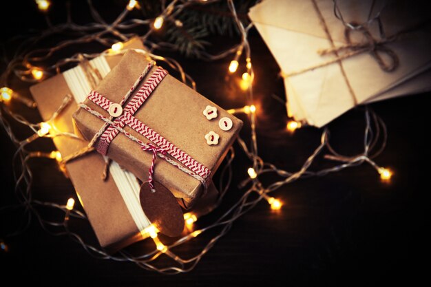 Homemade wrapped Christmas gifts on a table