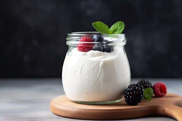 Homemade yogurt in a glass jar placed on a wooden board against a light gray backdrop