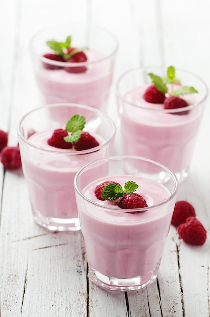 Homemade yogurt with raspberry and mint