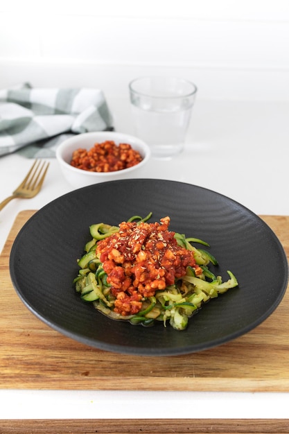 Homemade zucchini spaghetti with vegan bolognese sauce made with textured soy