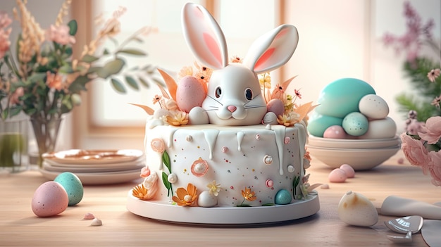 Homemsde Easter cake with rabbit ears Easter poster and banner template with on light background Greetings for Easter Generative AI content