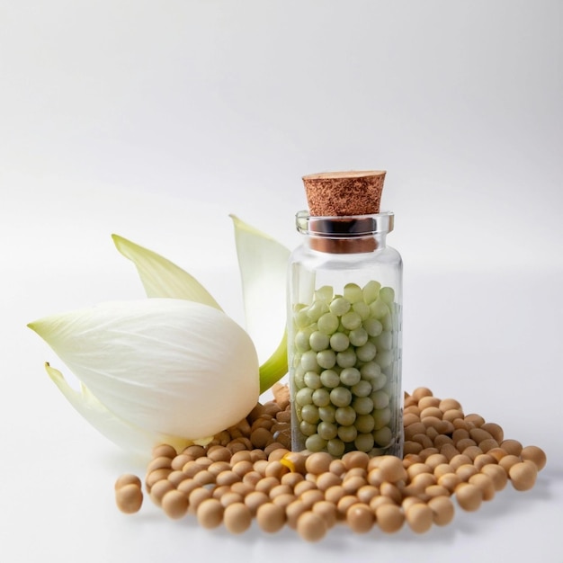 ホメオパシーの概念 透明なボトルにカモミールと白い背景のホメオパシー穀物