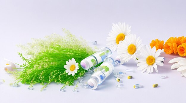 Homeopathic pills with spring flowers on white background