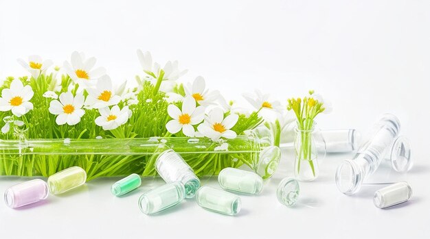 Homeopathic pills with spring flowers on white background