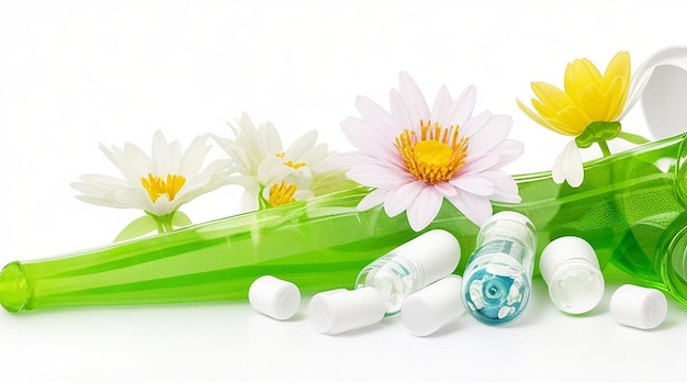 Homeopathic pills with spring flowers on white background