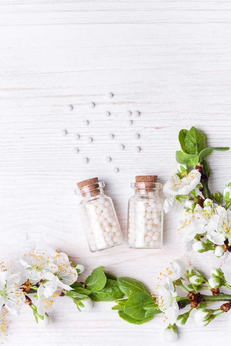 Photo homeopathic pills with spring flowers on white wooden backgroundxaxa