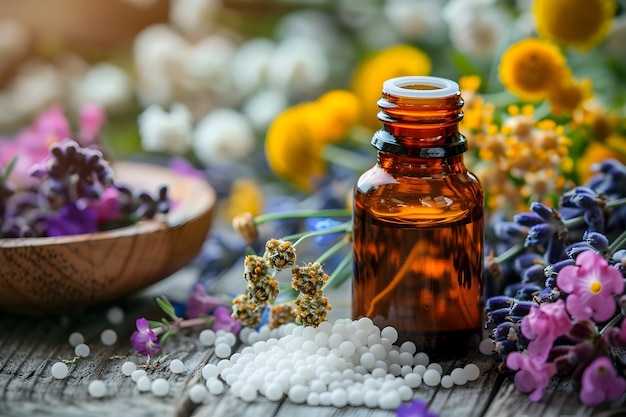 Homeopathische kruidenremedies met aromatische essentiële oliën en bloemendecoratie op een houten tafel