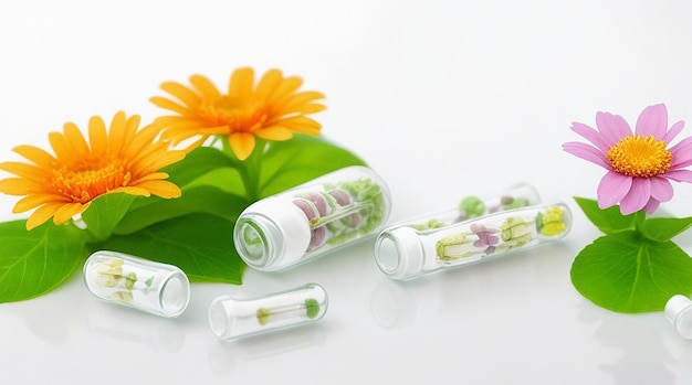 Homeopathische pillen met Lentebloemen op witte achtergrond