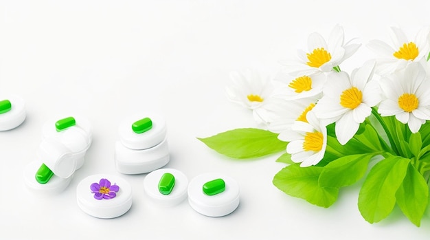 Homeopathische pillen met Lentebloemen op witte achtergrond