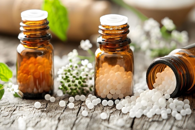 Homeopathische remedies en natuurlijk welzijnsconcept met amberglasflessen en botanische elementen