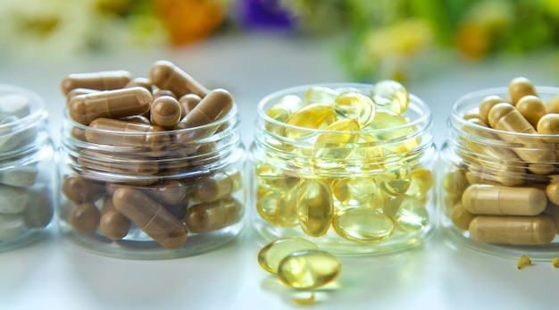 Homeopathy and dietary supplements from medicinal herbs Selective focus