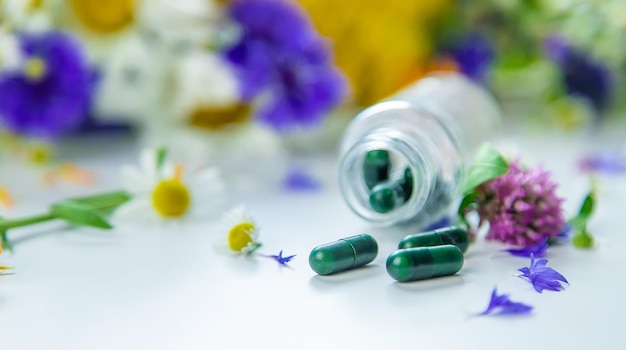 Homeopathy and dietary supplements from medicinal herbs Selective focus