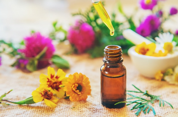 Homeopathy, Herbal extracts in small bottles. 