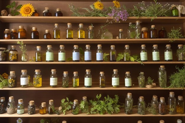 Photo homeopathy herbal extracts in small bottles