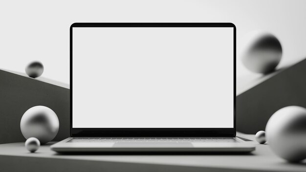 Homepage mockup met laptop op minimalistische abstracte achtergrond 3D-rendering