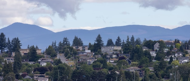 Homes by the water surrounded by tees and mountains summer season nanaimo