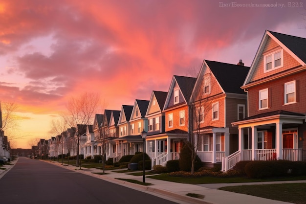 Homes in residential district with dramatic colourful sunset skies Illustration AI GenerativexA