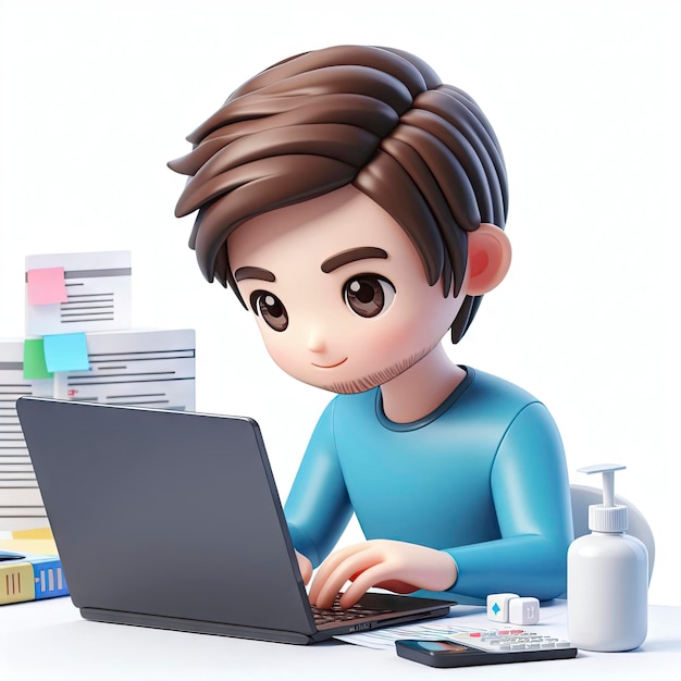 homeschooling concept boy sitting at a laptop 3d character ai generative