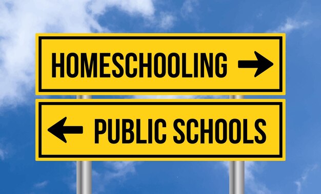 Homeschooling or public schools road sign on blue sky background