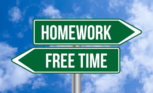 Homework or free time road sign on blue sky background