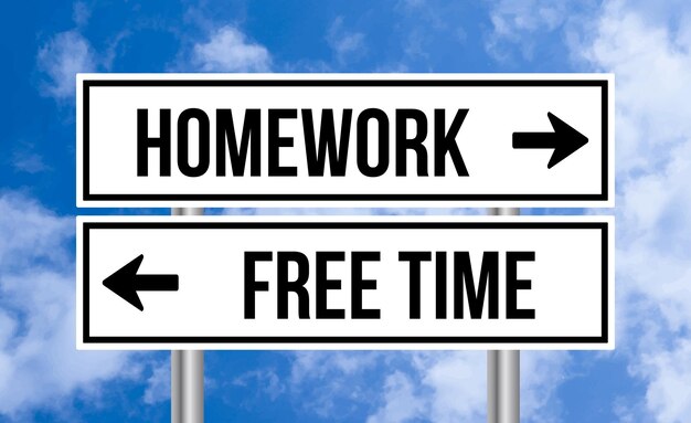 Homework or free time road sign on blue sky background