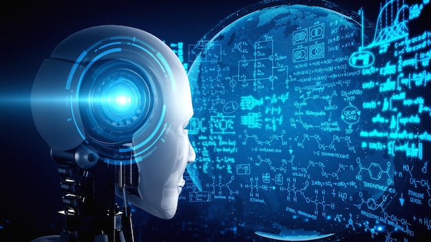 数学計算の概念でホログラム スクリーンを見ている人型 AI ロボット