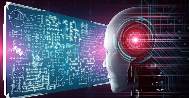 Hominoid AI robot looking at hologram screen in concept of math calculation