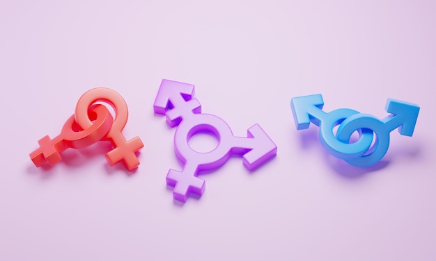 Homo paar lesbisch koppel en transgender paar Geslacht symbolen van man vrouw en transgender 3d render