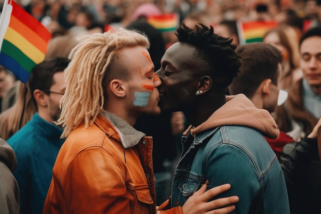 Homopaar een van Afrikaanse afkomst en de andere blonde zoenen op de Gay Pride Day-mars op 28 juni LGBTQ