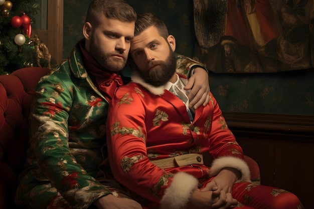 Homopaar gekleed voor Kerstmis Homoseksuele liefde concept Kerstviering