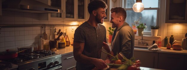 Homoseksueel koppel kookt gelukkig gerechten in de keuken op een date.