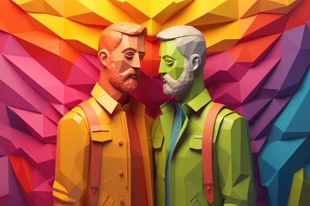 Homoseksuele mannen knuffelen elkaar illustratie in papieren kunststijl voor Pride Month Generative AI