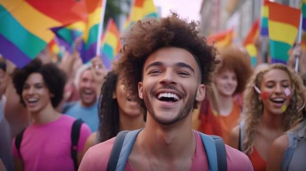 Homoseksuele mensen hebben een leuke trotsparade met LGBT-vlaggen buitenshuis. Belangrijkste focus op de gezichten van de onderste jongens