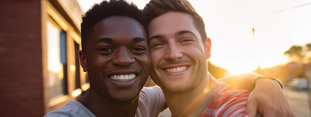 Фото Гомосексуальная пара счастливо обнимается и улыбается на открытом воздухе