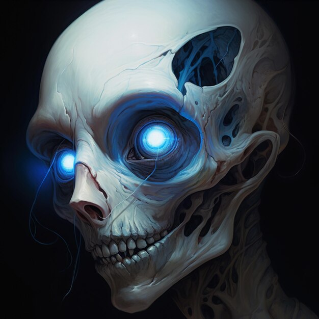 Photo homunculus skull with glowing blue eyes