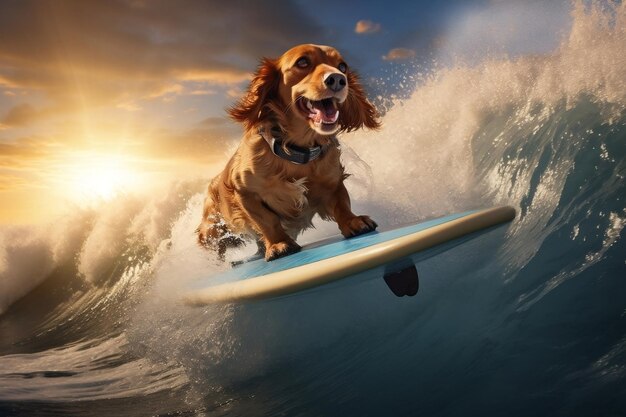 Hond berijdt golven op een surfplank Generatieve AI