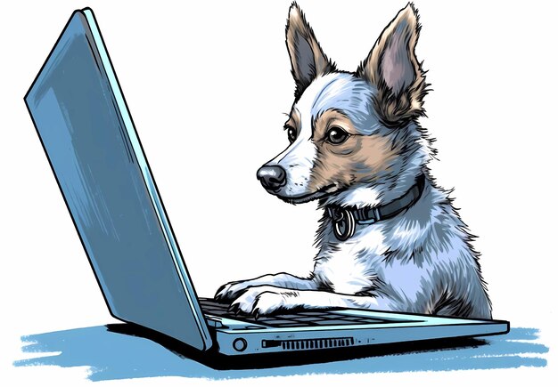 Foto hond bij de computer