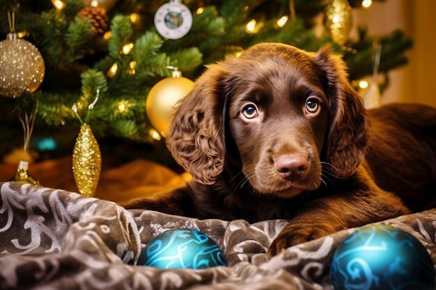 Hond bij de kerstboom thuis Bruine spaniel poseert tegen de achtergrond van Kerstmis