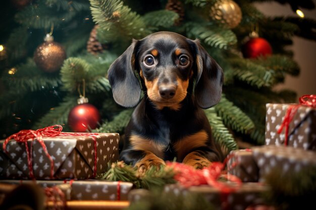 Hond bij de kerstboom thuis Vreugdevolle dachshund puppy poseert tegen de achtergrond van Kerstmis