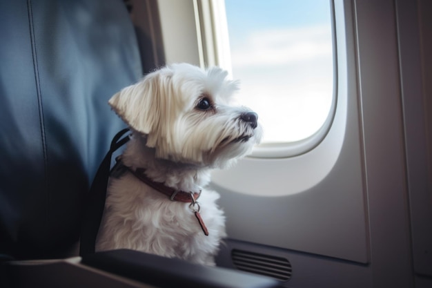 Hond bij het raam aan boord van een vliegtuig Reizen met huisdieren Generatieve AI