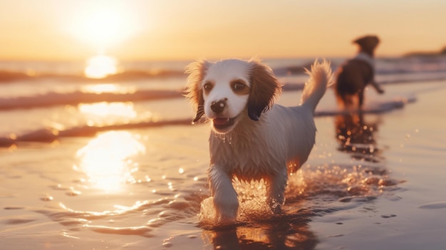 hond bij zonsondergang in zee rennen spelen strand wild veld en sae water