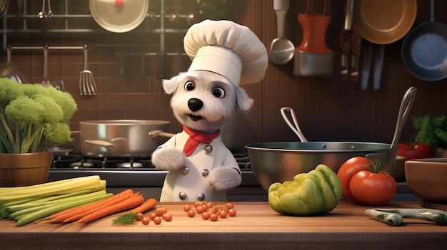 hond die chef uniform draagt in de keuken met groenten